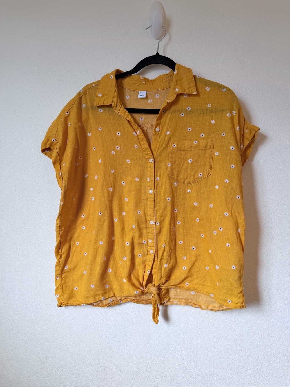 Old Navy Mustard Yellow Floral Button-Front Tie Hem Shirt